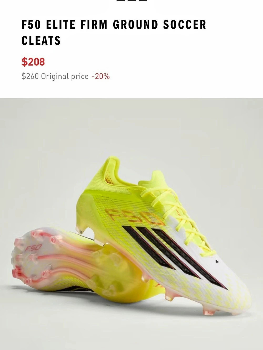 Adidas F50 Elite FG Firm Ground Soccer Cleats Yellow/White US Mens 9/Womens 10